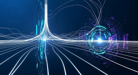 Abstract digital landscape of glowing lines and waves on a dark blue background representing data flow and connectivity