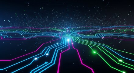 Vibrant digital network pathways illuminate a futuristic technological landscape with glowing data streams and interconnected circuits against a dark starry background