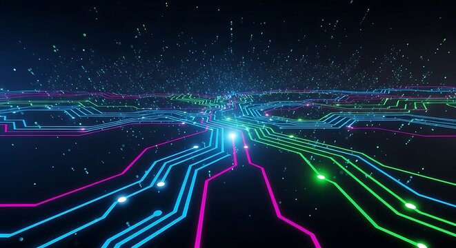 Vibrant digital network pathways illuminate a futuristic technological landscape with glowing data streams and interconnected circuits against a dark starry background