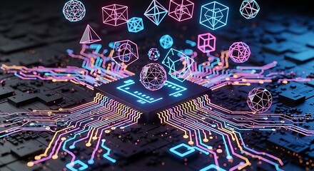 Futuristic digital circuit board with glowing geometric shapes and a central processor representing advanced technology and artificial intelligence