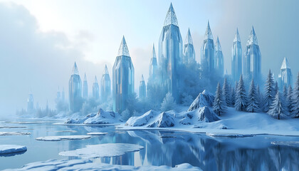 Fantasy ice castle landscape with frozen lake and snow-covered mountains