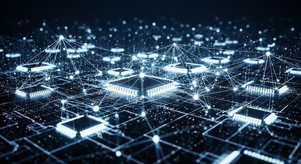 Intricate network of glowing blue circuits and microchips representing advanced technology and digital data flow