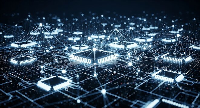 Intricate network of glowing blue circuits and microchips representing advanced technology and digital data flow - Powered by Adobe