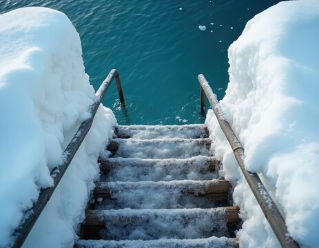 Snow covered wooden stairs with metal handrails go into cold turquoise water. Deep white snow piles up on banks, surrounds steps. Natural spot ready for brave person to take winter swim refreshing