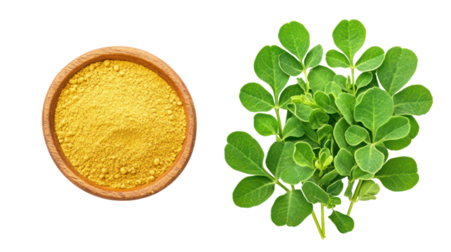 Vibrant fresh fenugreek leaves with textured surface and fine detail on transparent background