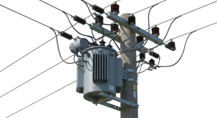 High voltage grey electrical transformer mounted on utility pole isolated on Transparent Background