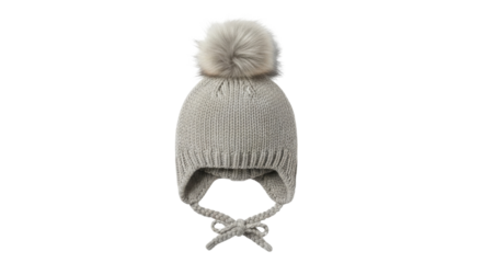 Simple Light Gray Knitted Winter Beanie Hat with Faux Fur Pom-Pom and Ear Flaps Product Shot isolated on Transparent Background