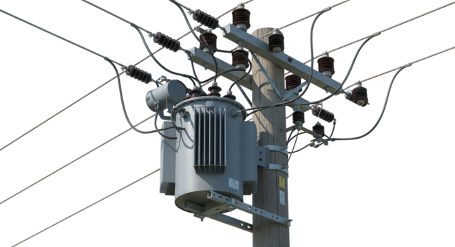 High voltage grey electrical transformer mounted on utility pole isolated on Transparent Background - Powered by Adobe