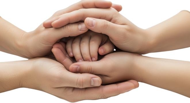 Hands of a family stacked together symbolizing protection, care, and generational unity. isolated on Transparent Background