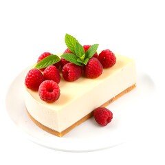 Cheesecake with fresh raspberries isolated on white background