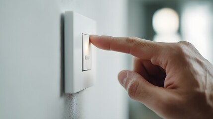 Naklejka premium Close up of a persons hand turning on a modern white wall light switch.