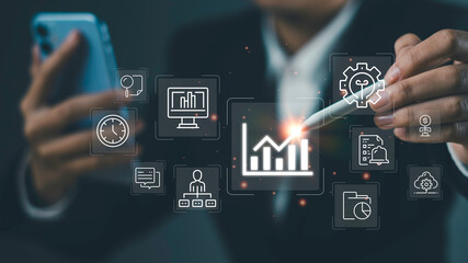 Operations and business management concept showing icons of quality improvement, finance, HR, and marketing analytics on digital interface. Ideal for workflow optimization and strategic success.