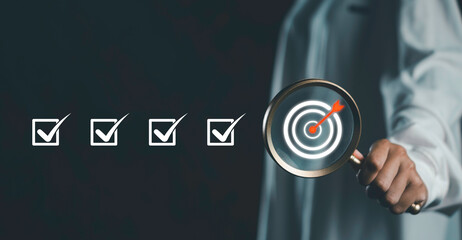 Business strategy concept visualizing the process of planning, setting goals, overcoming challenges, and completing project tasks with precision through digital target and checklist icons.