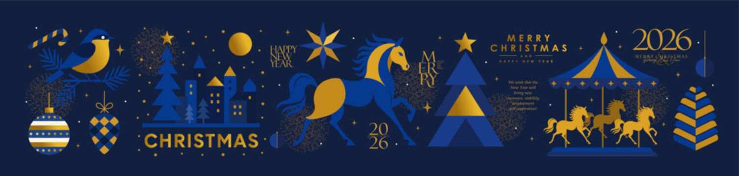 Christmas banner with a winter town, carousel horses, a festive tree, a pine cone, and a ball. Happy Chinese New Year 2026, the Year of the Horse. Stylish modern vector design for greeting card