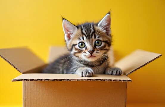 Tabby kitten sits inside open cardboard box on yellow background. Young cat looks out of carton package. Cute pet relaxes in container. Animal is happy and playful. Generated by AI.