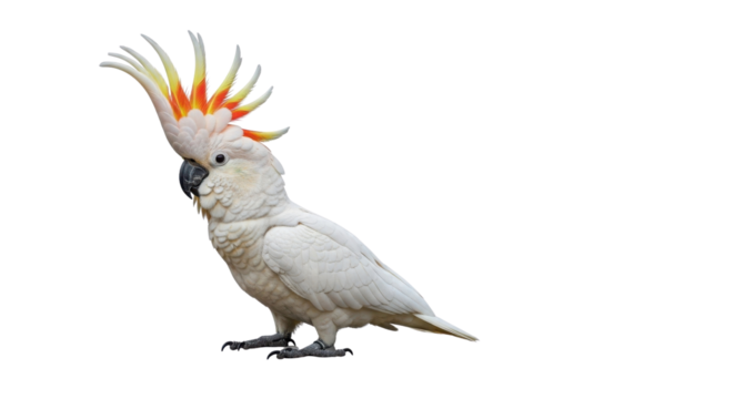 Majestic White Cockatoo Parrot with Flared Orange and Yellow Crest isolated on Transparent Background