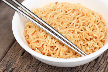 Spicy instant noodles on bowl