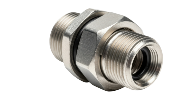 Stainless Steel or Nickel Plated Electrical Conduit Cable Gland Fitting isolated on Transparent Background