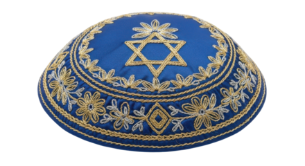 Traditional Blue and Gold Embroidered Jewish Kippah Yarmulke with Star of David Product Shot isolated on Transparent Background