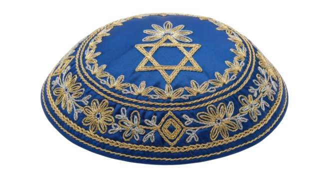 Traditional Blue and Gold Embroidered Jewish Kippah Yarmulke with Star of David Product Shot isolated on Transparent Background