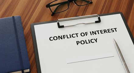 Clipboard with "Conflict of Interest Policy" document, a pen, a pair of glasses, and a blue book on a wooden surface.