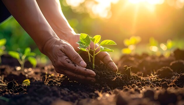 Close-up of hands gently planting a seedling in fertile soil
