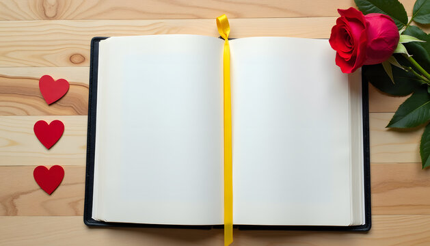 Blank notebook with red rose and hearts on a wooden background - Powered by Adobe