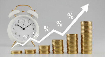 A clock beside stacked coins, with a rising percentage graph, symbolizing time and financial growth or investment progress.