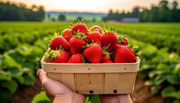 Close-up of hands holding a basket filled with ripe, red berries