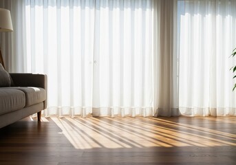 Bright morning sunlight streams through sheer white curtains into a minimalist living space, casting long diagonal shadows across the wooden floor ,home environment ,interior ,sunlight