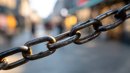 Close up of a strong weathered metal chain on a blurry urban street background.