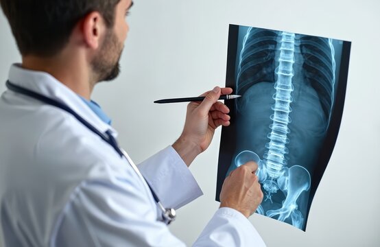 Doctor examines spine x-ray image with pencil. Physician studies radiograph showing vertebral column and pelvis for diagnosis. Medical expert analyzes body scan for bone health. - Powered by Adobe