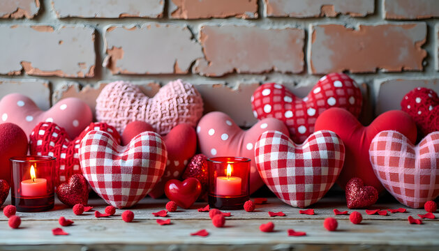 Romantic Valentine's Day hearts with candles and brick background