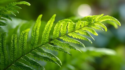 Close up of a vibrant green fern frond illuminated by soft sunlight.