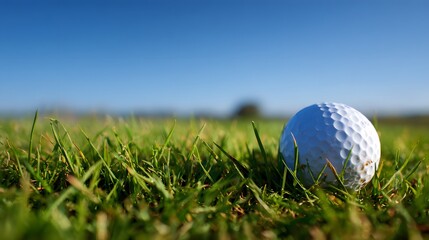 Fototapeta premium Close up of a white golf ball on a green grass fairway under a clear blue sky.