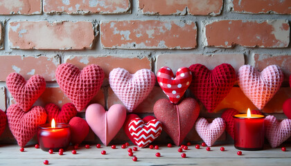 Romantic Valentine's Day hearts and candles against a brick wall background