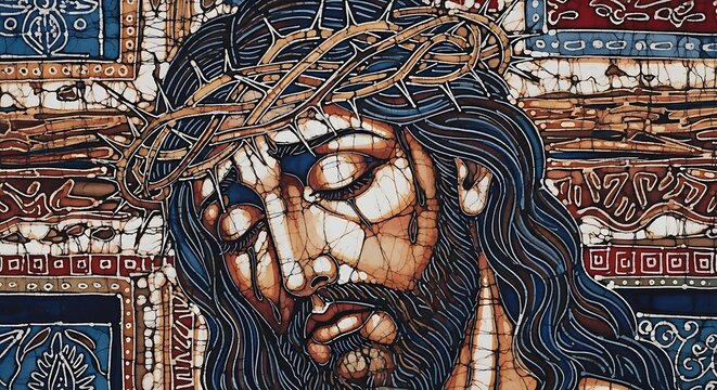 Batik Painting of Jesus Christ with Crown of Thorns.