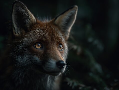 Intense close-up portrait of a wild red fox with captivating glowing eyes, emerging from the dark shadows of a mysterious deep forest habitat.