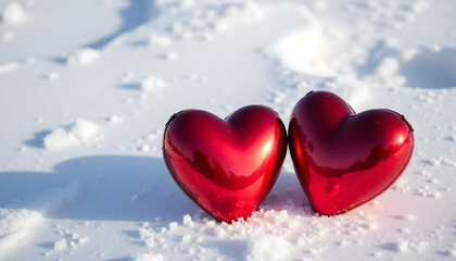 Obraz premium Two red hearts resting in the snow, a romantic winter scene for Valentine's Day