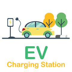 Naklejka premium Design Elements of electric vehicles yellow color with plug. Cars ready to be plugged into the charging station with the electric charging symbol. with object of tree and lens protection panel. 