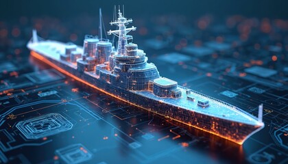 Wireframe naval ship model shown with glowing digital circuit board interface overlay. Military vessel design concept visualized with tech data.