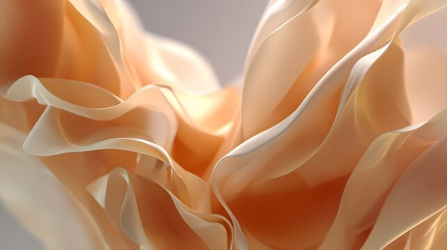 Close up of flowing translucent fabric in soft peach and cream tones creating a delicate abstract texture.
