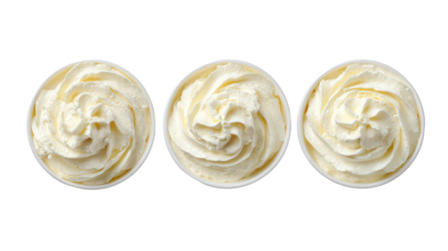Whipped cream butter dairy mousse overhead three sets side by side on transparent background