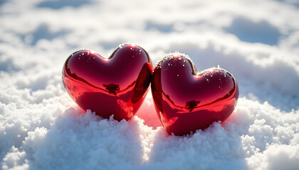 Fototapeta premium Two red hearts in the snow, a romantic winter scene for Valentine's Day