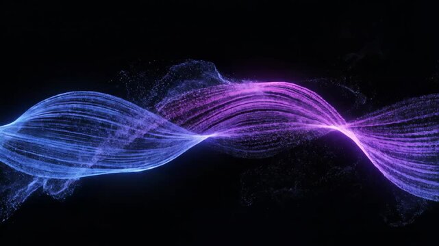 A flowing, luminous abstract design with swirling pink and blue particles on a black backdrop