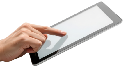 Hand touching blank white screen of isolated generic silver digital tablet device isolated on Transparent Background