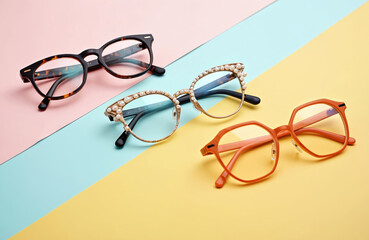 Three pairs of eyeglasses sit on a pastel color block background. Styles include tortoiseshell, pearl-embellished, and modern orange frames. They are arranged to show variety in design and color.