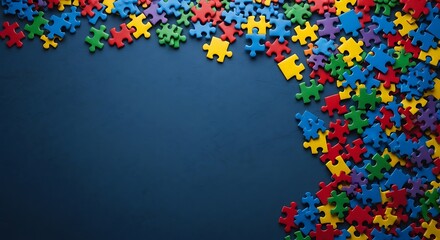 Vibrant and colorful jigsaw puzzle pieces scattered on a dark blue background, symbolizing connection, problemsolving, and autism awareness