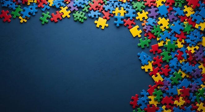 Vibrant and colorful jigsaw puzzle pieces scattered on a dark blue background, symbolizing connection, problemsolving, and autism awareness