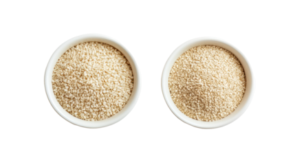 White sesame seeds and sesame powder in a bowl overhead side by side on transparent background